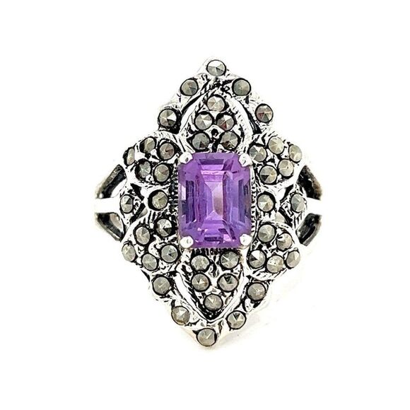 Magnificent Sterling Silver 925 Amethyst/Marcasite Ring - Picture 1 of 10